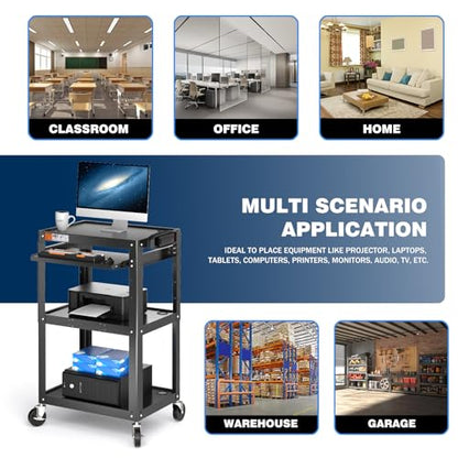 POCHAR Steel AV Cart on Wheels - Rolling Projector Cart with Height Adjustable Shelf, Pullout Keyboard Tray, Power Strip, Cord Management - Mobile Media Carts Computer Workstation for Office Classroom - style: 3 Shelf with Keyboard Tray (AV-J)