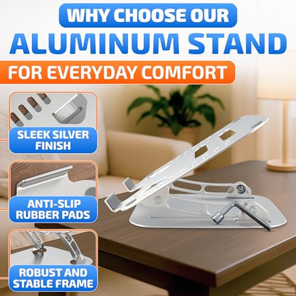 V TOWER Aluminium Laptop Stand for Desk with Adjustable Height and Angle | Adjustable Laptop Stands with Ventilation Slots, Anti-Slip Silicone Pads, Foldable Frame, for Devices from 10 up to 17.3 in