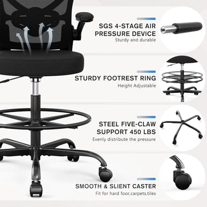 Alolo Drafting Office Chair with Foot Rest,Ergonomic Chair with Footrest for Standing Desk,Adjustable Mesh Lumbar Support Chairs with Flip-up Armrest and Heavy Duty Rolling(Black)