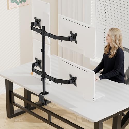 Black Quad Monitor Arm Mount for 13-27 Inch Screens | Ultrawide Screens Up to 34 inch Fully Adjustable Stand with C-Clamp/Grommet Base Max VESA 100x100 Each Screen Capacity 22lbs - size: 4 Arms for 13"-27"