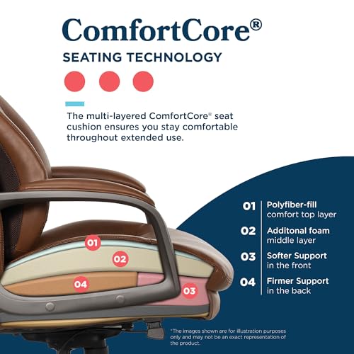 La-Z-Boy High-Back Ergonomic Office Chair, AIR Lumbar Support Leather Chair | Nova, 350lb Capacity Executive Task Chair, Padded Headrest & Arm, Layered Foam Seat Cushion, Swivel, Back Pain Relief, Cognac - color: Cognac