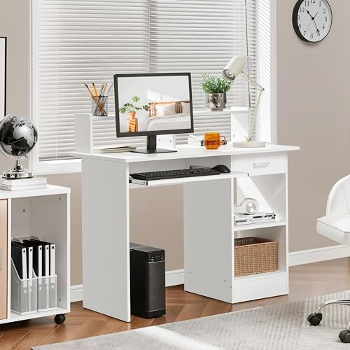 Yaheetech Computer Desk with Keyboard Tray, Drawers, and Shelves, White | This Desk Has a Pull-Out Keyboard Tray, a Drawer, and an Adjustable Open Shelf for Books, Files, and Home Office Supplies. - color: White