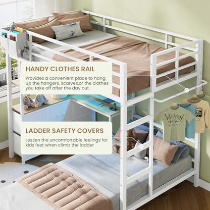 DICTAC Bunk Bed with L-Shaped Desk,5 Storage Drawers and 2 Shelves Metal Twin XL Over Twin Bunk Bed with LED Lights and Charging Station,bunk Beds with Safety Guardrail & Ladder,Space-Saving,White - color: White, size: Twin XL Over Twin