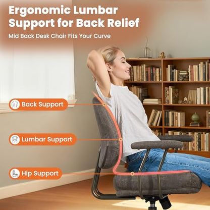 Leather Home Office Chair, Mid Back Ergonomic Desk Chair with Lumbar Support, Mid Century Modern Deep Seat Swivel Rocking Computer Chair, Dark Gray - color: Dark Gray,suede Fabric, size: Big Mid Back