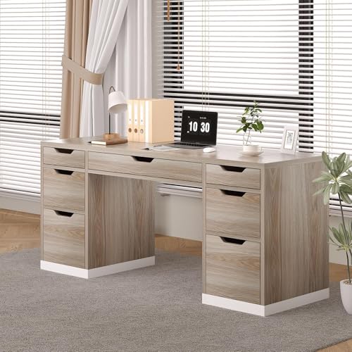 Computer Desk with 7 Drawers, Home Office Desk with Storage, Light Walnut | 54 Inch Writing Desk with 7 Drawers for Small Spaces, Study Desk for Bedroom