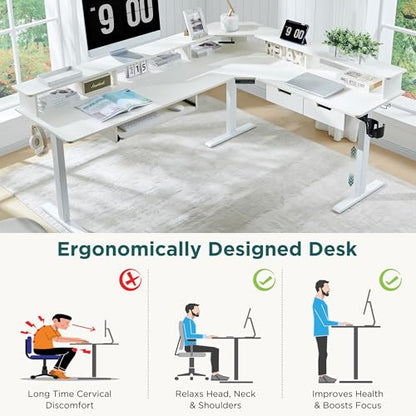 RedLemon 75x60 Inches L Shaped Electric Standing Desk 2 Tier, Antique White - color: Antique White, size: 75"X60"