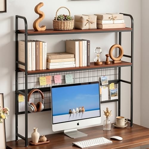 VECELO 2-Tier Desktop Bookshelf, Classic White Metal Desk Hutch with Grid Panel, 45.3 Inch Wide Countertop Storage Organizer for Bedroom & Dorm - color: White