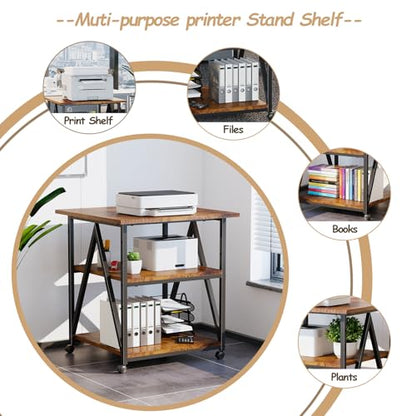 Arbuxzuy 3-Tier Printer Stand, Large Printer Table with Storage, Industrial Printer Storage Cart with Wheels, Rolling Printer Stand for Heat Press Scanner Fax, Brown - color: Brown