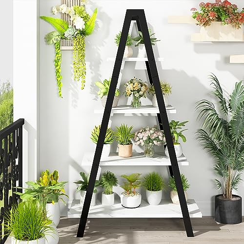 Recaceik 4-Tier A-Shaped Ladder Bookshelf, Industrial Faux Mable Bookcase with Metal Frame, Farmhouse Open Display Shelves for Living Room, Bedroom, Office - color: White