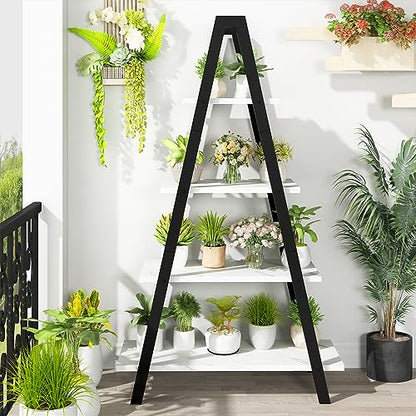 Recaceik 4-Tier A-Shaped Ladder Bookshelf, Industrial Faux Mable Bookcase with Metal Frame, Farmhouse Open Display Shelves for Living Room, Bedroom, Office - color: White