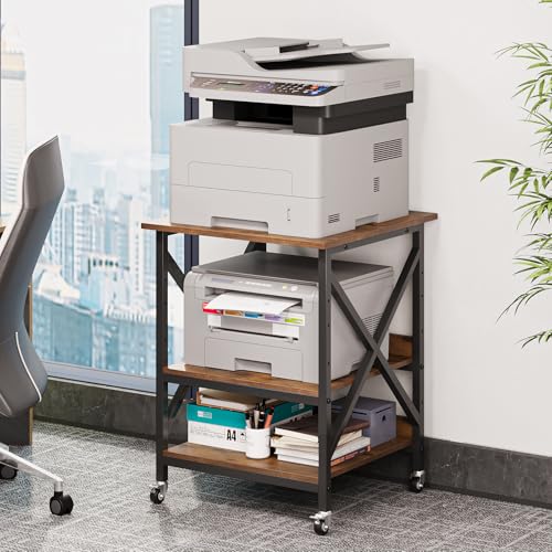 VENNQD 23.6 x 23.6 x 30.3 Inches Printer Stand, Large Printer Table with Adjustable Middle Shelf, Rolling Printer Cart with Wheels, 3 Tier Printer Table for Home Office Scanner Fax, Rustic Brown - color: Rustic Brown