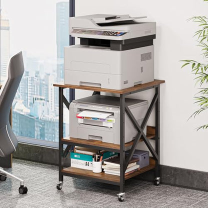 VENNQD 23.6 x 23.6 x 30.3 Inches Printer Stand, Large Printer Table with Adjustable Middle Shelf, Rolling Printer Cart with Wheels, 3 Tier Printer Table for Home Office Scanner Fax, Rustic Brown - color: Rustic Brown