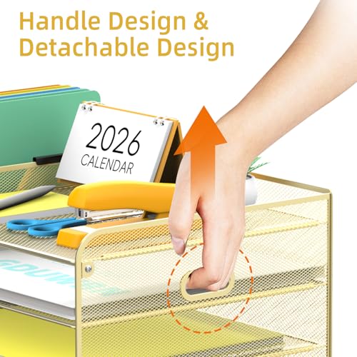 SUPEASY Mesh Desk Organizer with File Holder, 5-Tier Paper Letter Tray Organizer with Magazine Holder, Desktop Organizer and Storage with Drawer for Office Supplies Home or School (Golden) | Two side magazine holders and a bottom drawer store papers, fold