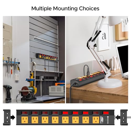 CRST 8-Outlet Metal Power Strip with Individual Switches, 15A/1875W, 6FT | 1.77" Wide Spacing for Bulky Plugs, 1200J Surge Protector Power Strip with Mounting Brackets for Home/Workshop/Garage/School - size: 8 Outlet+6FT