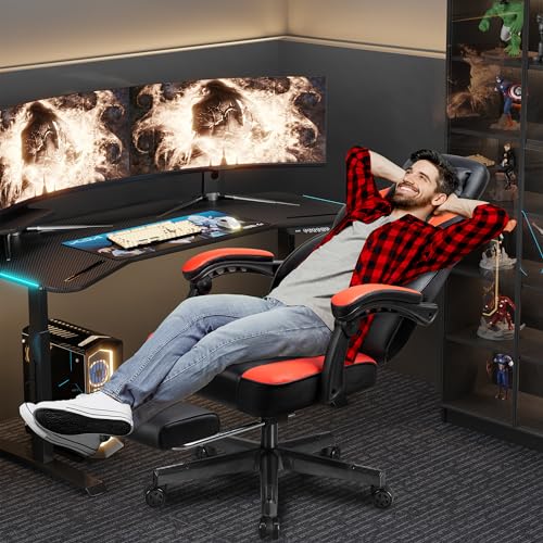 Gaming Chair with Footrest, Massage Lumbar Support, Height Adjustment, and 360° Swivel Seat. Ergonomic Design for Gaming - color: Red