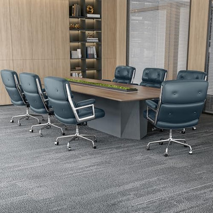 Genuine Leather Office Chair, Mid Back Executive Desk Chairs with Aluminum Arms and Wheels, Swivel Office Leather Chair with Thickened Backrest and Ergonomic Lumbar Support, Dark Blue - color: Dark Blue