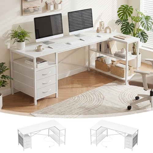 Alpen L Shaped Computer Desk, 47 Inch Corner Desk with Drawers and Power Outlets, Home Office Desk for Gaming, Study Writing PC Table with Storage and Reversible Shelf, White - color: White, size: 47 Inches Without Led Lights