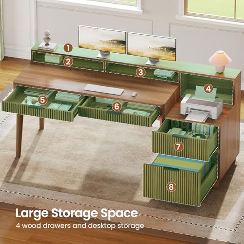 SEDETA Modern Office Desk with 4 Drawers, 59" Fluted Gaming Computer Desk with Storage, LED Lights and Power Strip, Wood Writing Desk Study Table for Home Office, Living Room, Bedroom, Brown - color: Brown