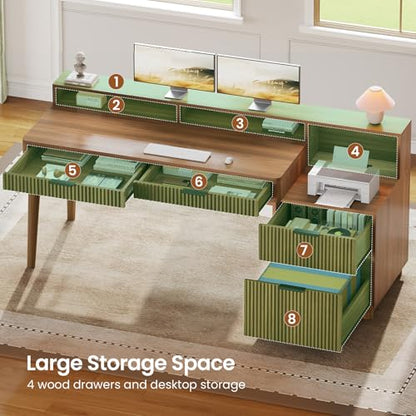 SEDETA Modern Office Desk with 4 Drawers, 59" Fluted Gaming Computer Desk with Storage, LED Lights and Power Strip, Wood Writing Desk Study Table for Home Office, Living Room, Bedroom, Brown - color: Brown