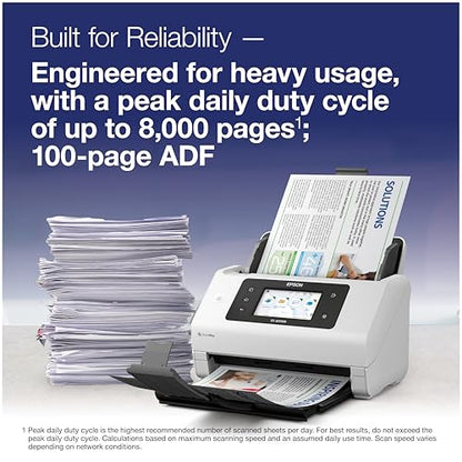 Epson DS-800WN EdgeLink Wireless Network Color Document Scanner | Duplex Scanning 100-Sheet Auto Document Feeder 4.3 in Color Touchscreen 50 ppm Scanning Speed