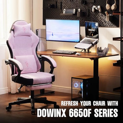 Dowinx Gaming Chair Fabric with Pocket Spring Cushion, High Back Ergonomic Computer Chair with Footrest for Adults, Massage Lumbar Support Swivel Game Chair for Office Gaming 300LBS, Pink - color: Pink