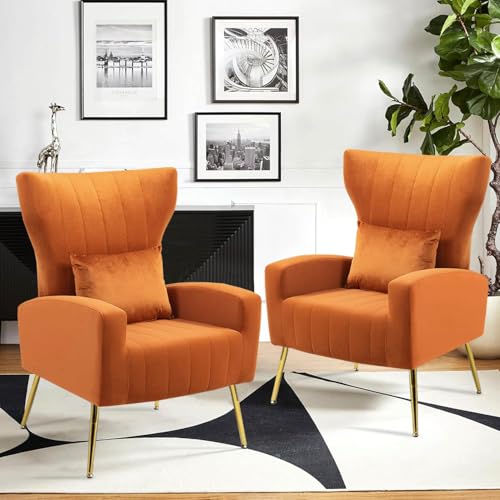 Modern Accent Chairs Set of 2, Wingback Chair with Arm & Gold Legs, Living Room Bedroom Side Chair with Lumbar Pillow, Velvet Upholstered, Channel Tufted, Orange - color: Orange, size: 2PCS with Channel Tufted