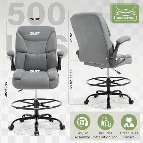 500LBS Drafting Chair, High Back Safer Standing Desk Chair, Executive Tall Office Chair with Flip-up Armrests, Upholstered Fabric Task Chair,Ergonomic Seat with Adjustable Height&Foot Ring,Light Gray - color: Light Gray