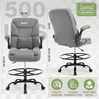 500LBS Drafting Chair, High Back Safer Standing Desk Chair, Executive Tall Office Chair with Flip-up Armrests, Upholstered Fabric Task Chair,Ergonomic Seat with Adjustable Height&Foot Ring,Light Gray - color: Light Gray