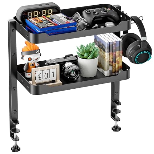 ARES WING 2-Tier 16 inch Clamp On Desk Shelf, Above or Under Desk Storage | Adjustable Desktop Organizer Shlef Holds 66 lbs Heavy Duty, with Headphone Holder for Working and Gaming Accessories, Black - color: Black, size: Dual Shelf