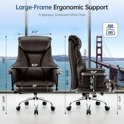 Big and Tall Office Chair - Executive High Back Leather Office Desk Chair with Adjustable Lumbar Support - Ergonomic Comfortable Heavy Duty Computer Gaming Chair with Padded Arms & Wide Seat - color: Brown