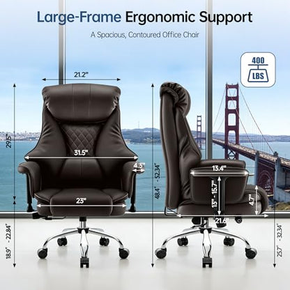 Big and Tall Office Chair - Executive High Back Leather Office Desk Chair with Adjustable Lumbar Support - Ergonomic Comfortable Heavy Duty Computer Gaming Chair with Padded Arms & Wide Seat - color: Brown