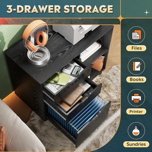 DEVAISE 3-Drawer Wood File Cabinet, Mobile Lateral Filing Cabinet, Printer Stand with Open Storage Shelves for Home Office, Black | Mobile Printer Stand, Open Storage Shelves, Letter & A4 Compatible, Wood, Home Office - color: Black