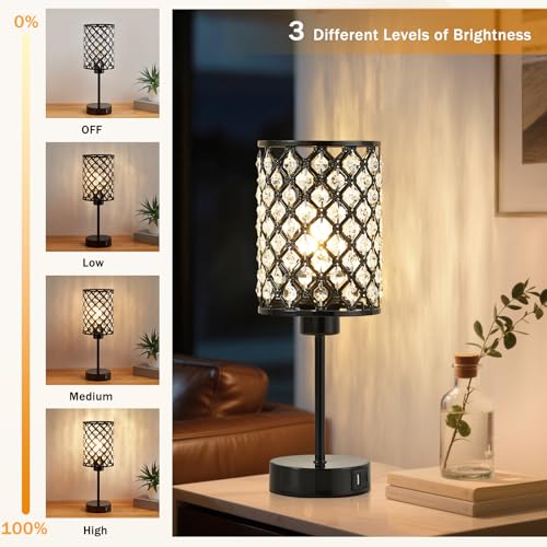 GyroVu Black Crystal Bedside Table Lamps Set of 2 with USB C+A Ports - color: Black-2, size: 14.75"