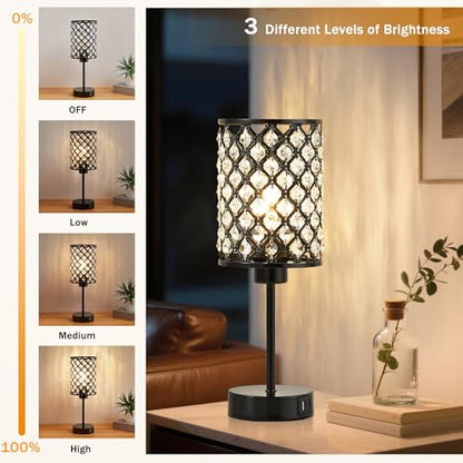 GyroVu Black Crystal Bedside Table Lamps Set of 2 with USB C+A Ports - color: Black-2, size: 14.75"