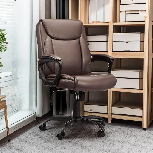 Amazon Basics Classic Puresoft PU Padded Mid-Back Office Chair with Armrest, Height Adjustable, Wheels, 25.75"D x 24.25"W x 42.25"H, Brown - color: Brown