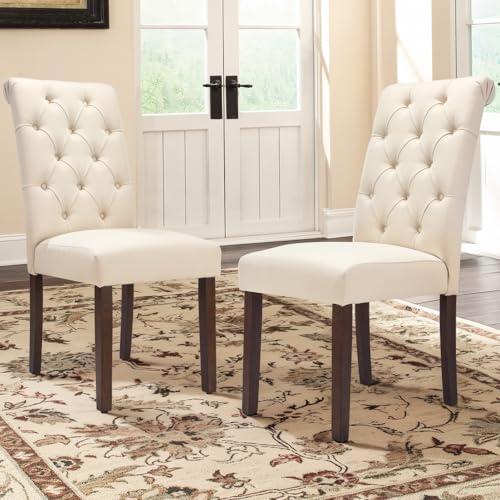 COLAMY Tufted Dining Chairs Set of 2, Accent Parsons Diner Chair Upholstered Fabric Stylish Kitchen Chairs with Solid Wood Legs and Padded Seat, Beige - color: Beige, size: set of 2