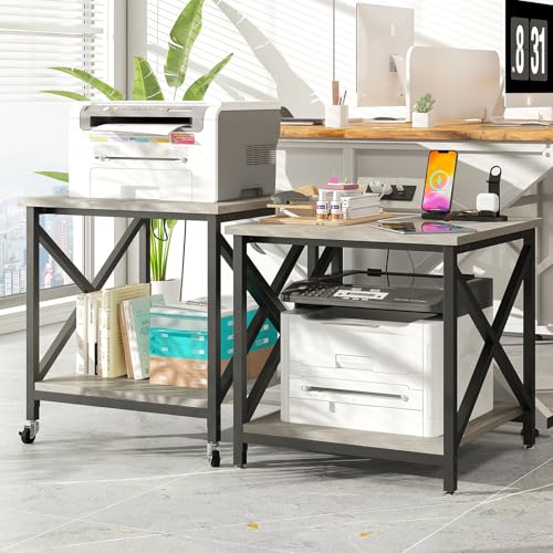 METYERRY 23.6"x23.6" Large Printer Stand with Power Outlet | 2 Tier Storage Shelf, 200 lbs Heavy Duty, Industrial Wheels, Fits 3D Printers, Laser Printers and Heat Press, Home Office - color: Greige