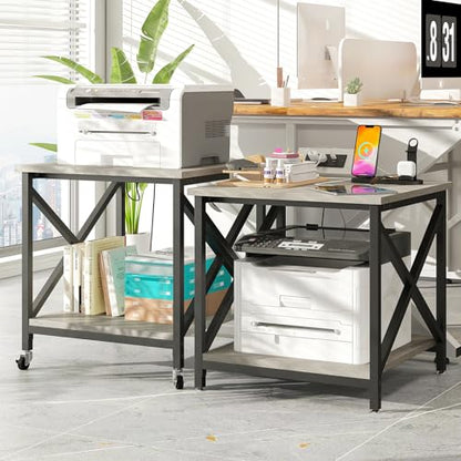 METYERRY 23.6"x23.6" Large Printer Stand with Power Outlet | 2 Tier Storage Shelf, 200 lbs Heavy Duty, Industrial Wheels, Fits 3D Printers, Laser Printers and Heat Press, Home Office - color: Greige