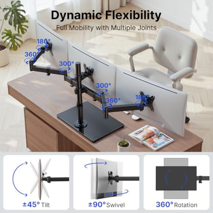 HUANUO Free Standing Triple Monitor Mount for 13-27 Inch Screens | Larger Tempered-Glass Base, Heavy Duty Thicker Steel, Tilt, Swivel, Rotation, Holds up to 22 lbs, VESA 75x75/ 100x100mm