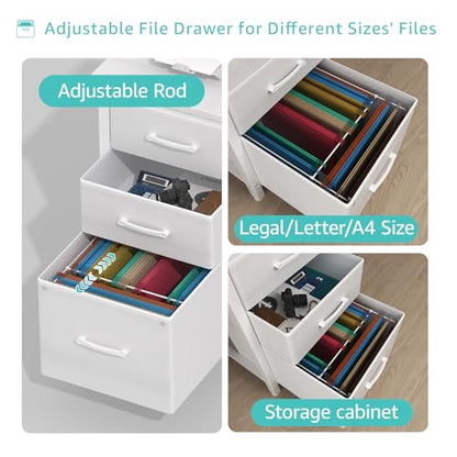 Lufeiya White Desk with File Drawers Cabinet, 47 Inch Reversible Computer Desk with Fabric Filing Cabinet for Bedroom Small Space Home Office, Modern Writing Table PC Desks, White - color: White, size: 46.6"