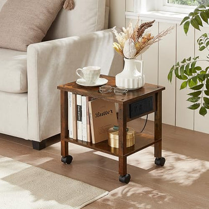 YUFAM 2 Tier Under Desk Printer Stand with Charging Station, Brown | Wooden Small Printer Table for Home Office, Rolling Printer Cart Shelf with Lockable Wheels - color: Brown, size: 11.8"D×15.7"W×15.3"H(With USB)