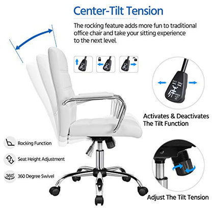Yaheetech White Office Chair PU Leather Swivel Rocking Desk Seat with Arms | Foam-padded channel-stitched PU leather back supports desk hours; chrome frame rocks, adjusts in height, rolls on casters. - color: White