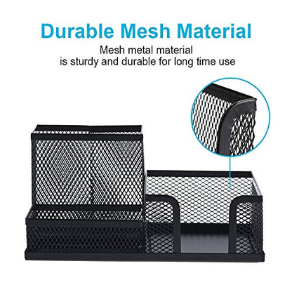 2-Piece Desk Pen & Pencil Organizer - Mesh Metal Pen Cup with Sticky Notes Holder, Black | Pen Cup - style: Square