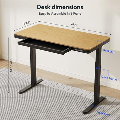 FLEXISPOT Comhar 48" Electric Standing Desk with Drawers, USB Charging Ports, Quick Assembly, Height Adjustable Sit Stand Desk with Child Lock for Natural Home Office, Bamboo Finish Top/Black Legs - size: 48"Bamboo Texture/Black
