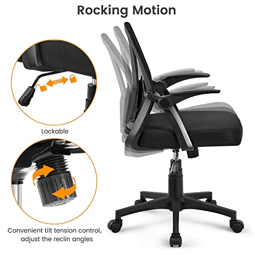 Yaheetech Mid-Back Mesh Task Office Desk Chair with Flip-up Arms, Black | Breathable mesh back and foam-padded seat for all-day comfort; sturdy metal frame, height adjustable, and easy to assemble - color: Black, style: Contemporary