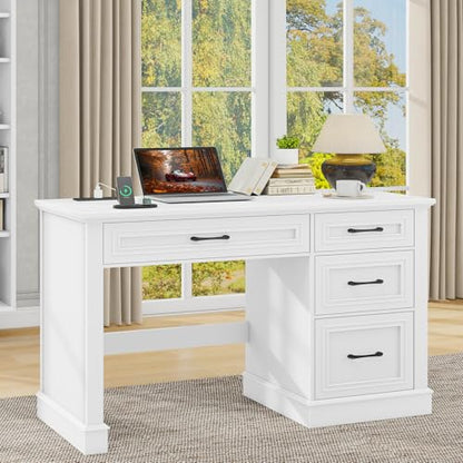 Vabches Farmhouse 47" Executive Desk with Charging Station, Cream White | Computer Desk with Drawers, Workstation Computer Desk with File Drawer for Home Office,Study. - color: Cream White