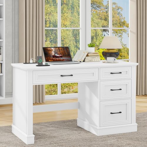 Vabches Farmhouse 47" Executive Desk with Charging Station, Cream White | Computer Desk with Drawers, Workstation Computer Desk with File Drawer for Home Office,Study. - color: Cream White