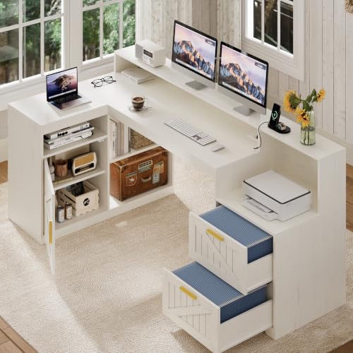 TVU Farmhouse L Shaped Desk with Drawers, 62.2" Home Office Desk with Storage Shelves and Power Outlet, L Shaped Computer Desk with Monitor Stand and Printer Shelf, White - color: White
