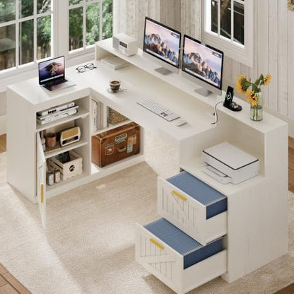 TVU Farmhouse L Shaped Desk with Drawers, 62.2" Home Office Desk with Storage Shelves and Power Outlet, L Shaped Computer Desk with Monitor Stand and Printer Shelf, White - color: White