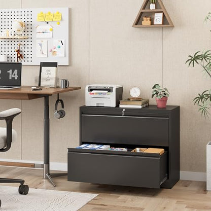 2 Drawer Lateral Metal File Cabinet, Home Office Storage Filing Cabinet with Hanging Bars & Keys, Compatible with Legal Letter A4 F4 Size Hanging Folders,Black,Require Assembly - color: Black, size: 2 Drawer-36"W